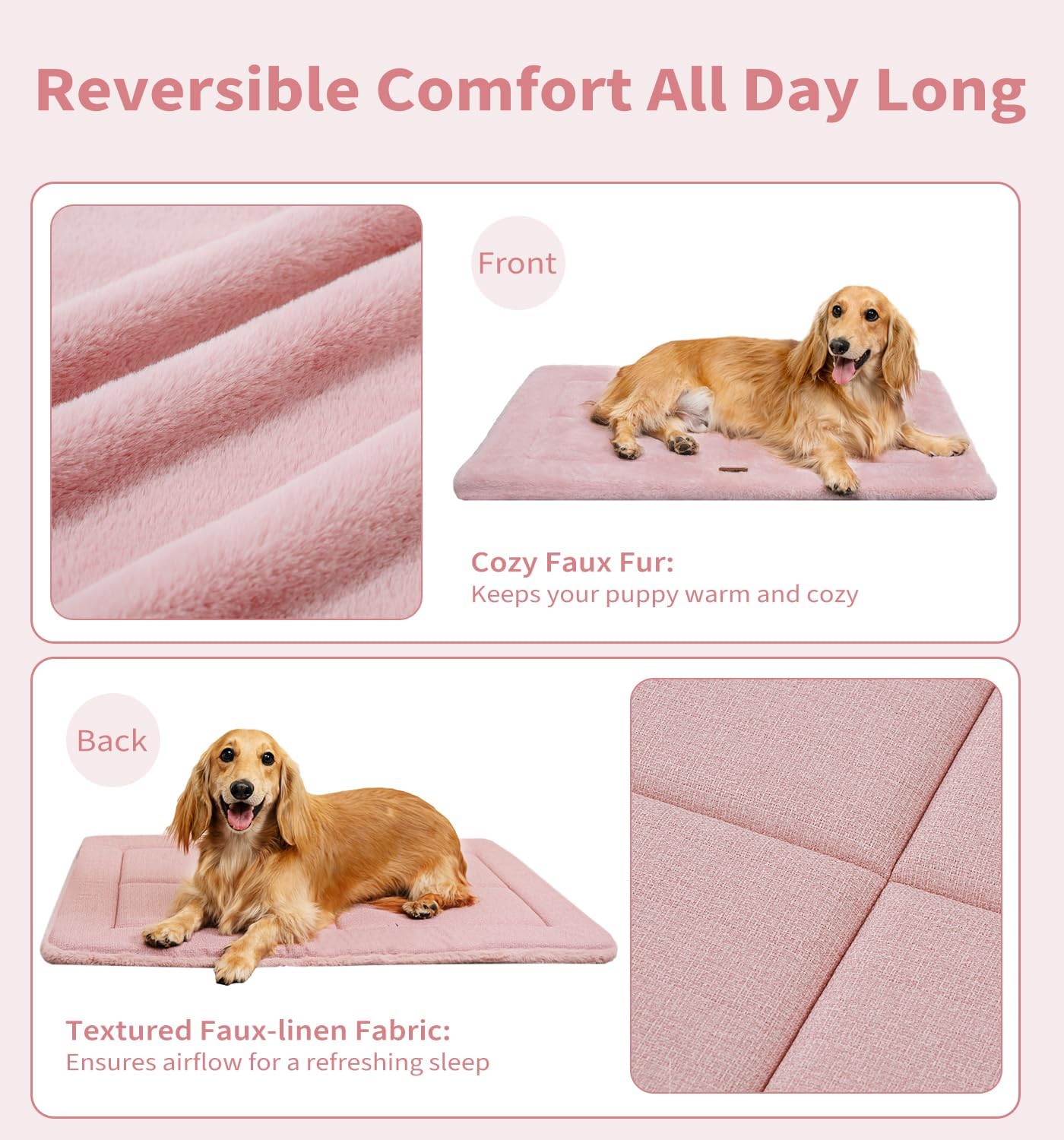 MADE 4 PETS Dog Crate Pad Bed for Medium Dogs, Washable & Reversible, Anti-Slip Kennel Mat for Cozy Sleeping, Soft Fluffy Dog Bed for Indoor & Outdoor Use, 29"x21", Pink