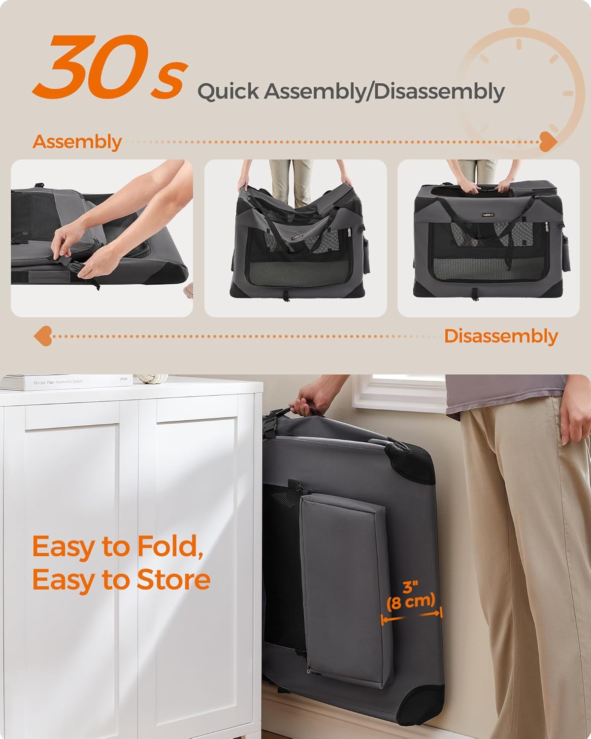 Feandrea 36 Inches Collapsible Soft Dog Crate, Portable Travel Dog Crate for Indoor and Outdoor Use, Dog Carrier Kennel with Safety Zippers, for Living Room, Car, Travelling, Camping, Gray UPDC90G01