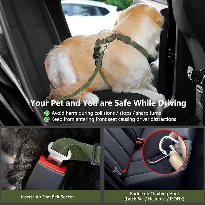 Dog Seat Belt Harness for Car, Dog Car Harness Adjustable Mesh Breathable & Dogs Seatbelt Safety Tether with Elastic Bungee for Small Medium Large Pets(Army Green, M)