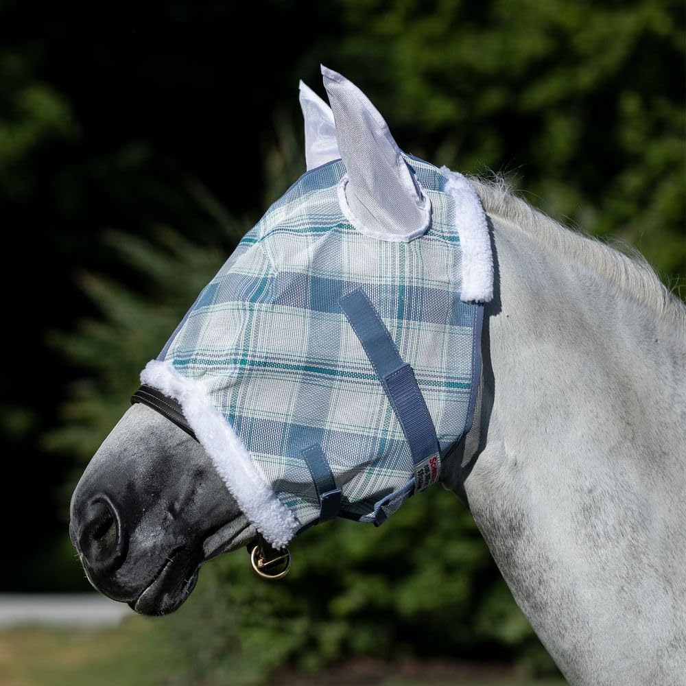 Schneiders Dura-Mesh Plaid Fly Horse Mask with Ears | Ultra-Durable 1000D Mesh | 70% UV Protection | Breathable Open Weave | Color Blue Plaid | Size Full Size