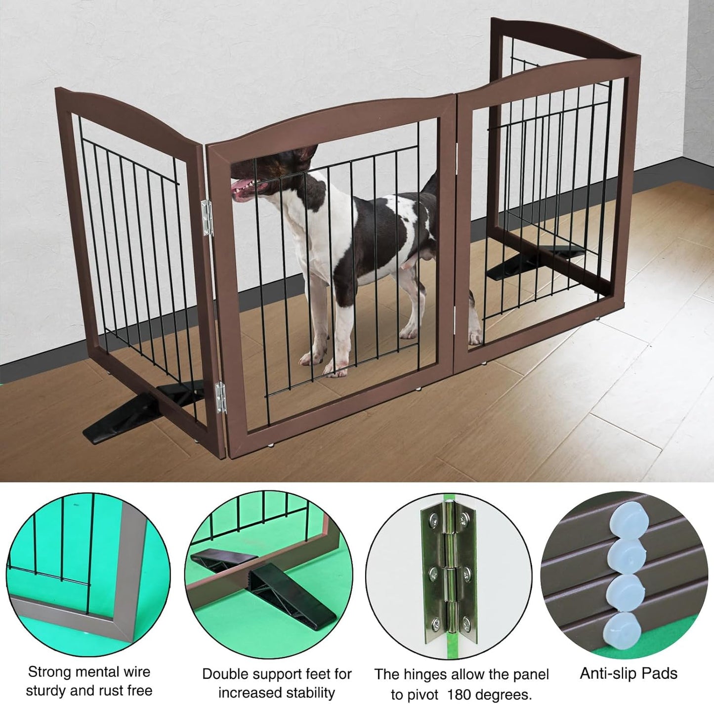 ZJSF Freestanding Dog Fence Indoor, Foldable Dog Gate for Doorways, Stairs or Hallways, Sturdy Wood Extra Wide Pet Gate with Support Feet for The House, Brown, 32 "Height-4 Panels