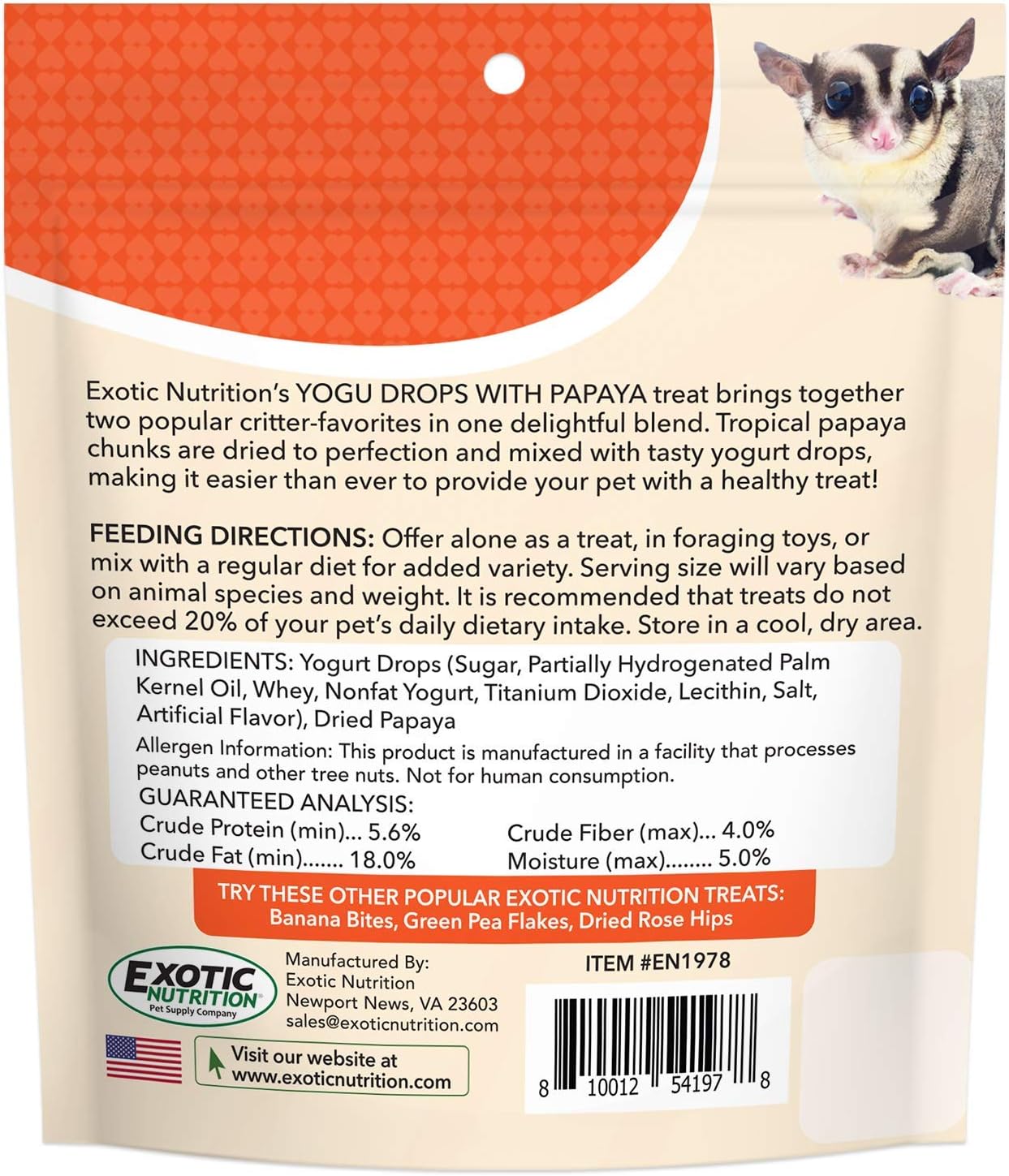 Yogu Drops With Papaya (4.5 oz.) - Healthy Natural Fruit & Yogurt Treat - For Sugar Gliders, Rats, Chinchillas, Ferrets, Parrots, Hamsters, Squirrels, Hedgehogs, Guinea Pigs, Rabbits & Small Pets