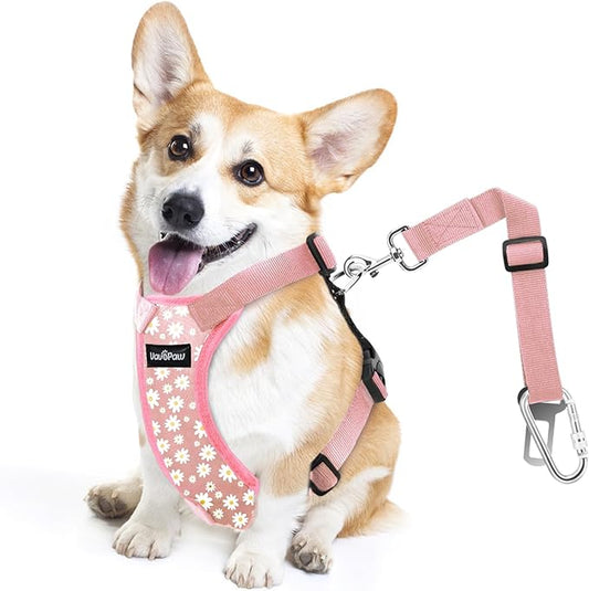 Dog Seat Belt, Safety Vest Dog Car Harness with Adjustable Buckle Dog Seat Belt for Vehicle Nylon Pet Safety Seat Belts Heavy Duty(S, Pink Daisy)