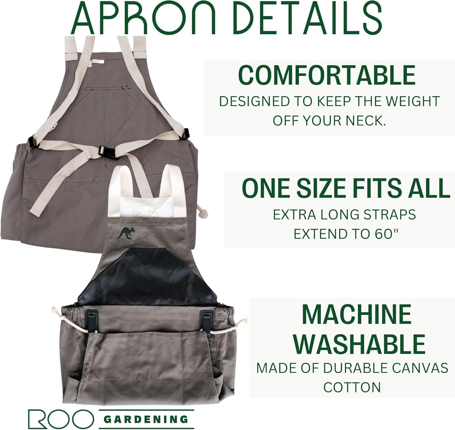Roo Gardening Apron with Pockets & Harvesting, Picking Pouch - Adjustable, Water-resistant, Washable Canvas Cotton
