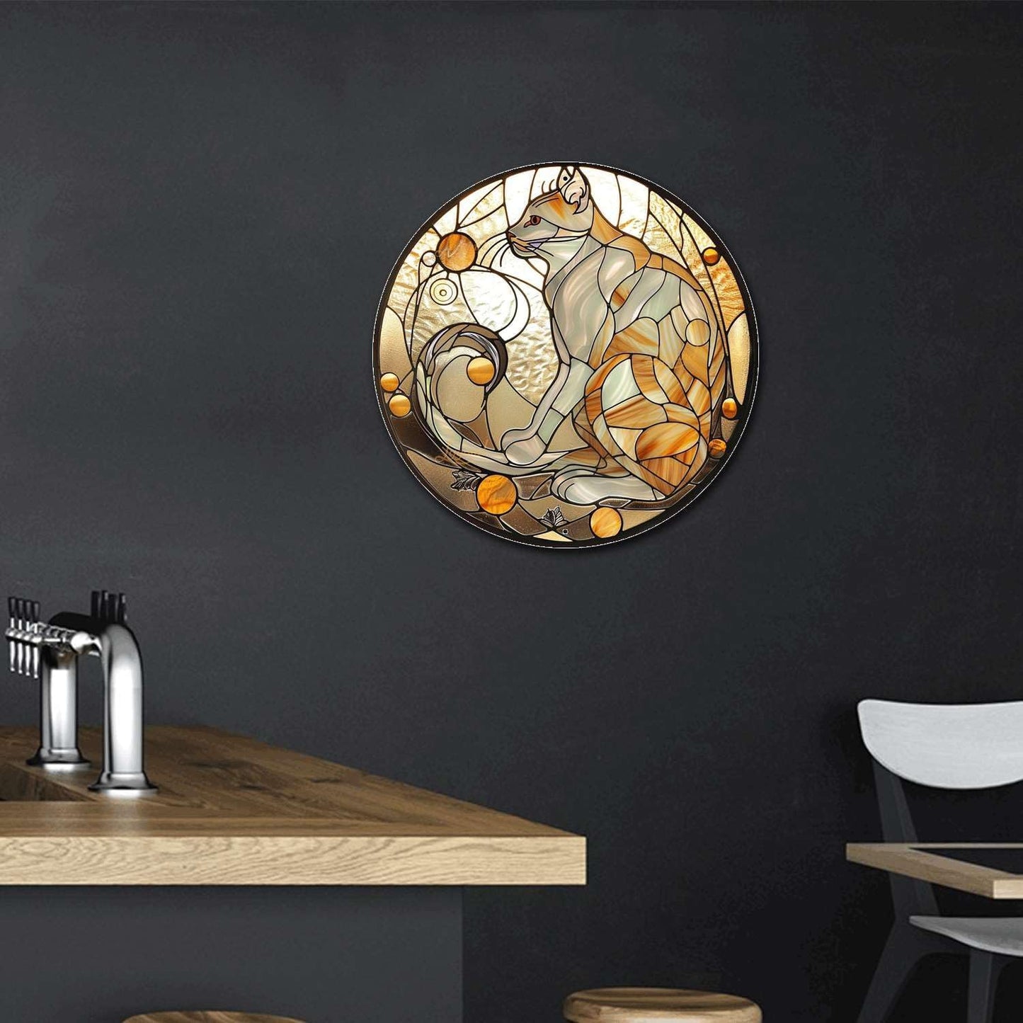 Lygond Metal Tin Sign - Circular Stained Glass Cat Garden Sign for Garage - 1212 Inches