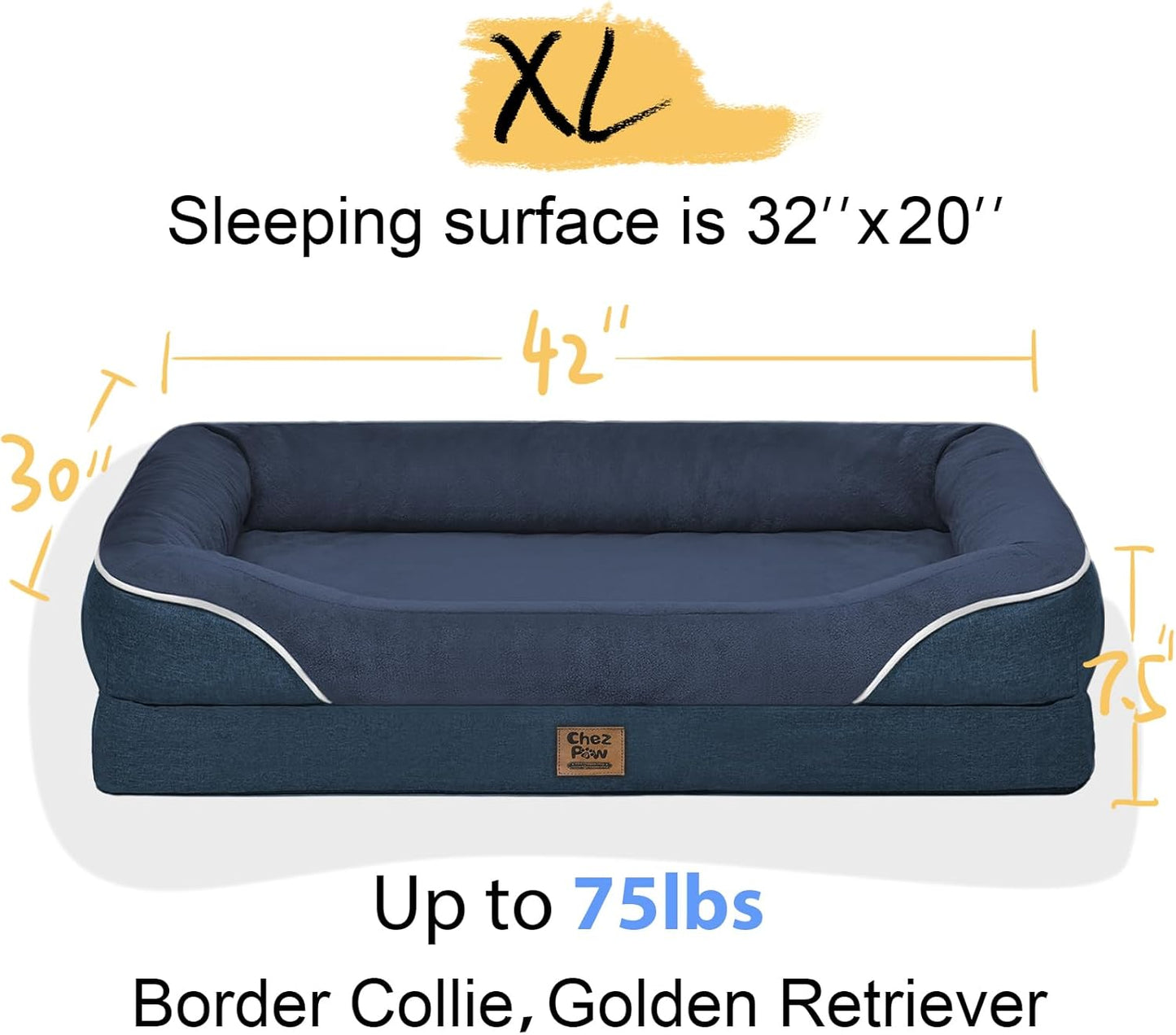 Removable Orthopedic Large Dog Bed -XL Large Dog Beds with Washable Cover and Removable Bolsters Non-Slip Bottom & Waterproof Pet Bed Sofa for Big Size Dogs