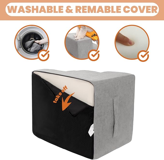 MEWANG Dog Stairs for Small & Medium Dogs and Old Cats –3/4/ 5 Steps High-Density Foam Pet Ramp for Bed & Couch, Non-Slip, Washable Cover, Grey (Round Corner, 4 Steps: 23.94''×18.27''×14.96'', 2)