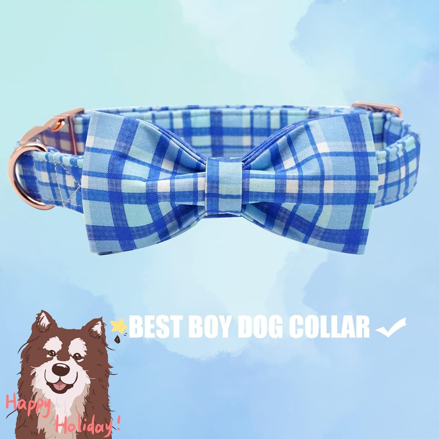 Elegant little tail Dog Collar with Bow - Blue Plaid Boy Dog Collar Cute Bowtie Pet Collar Adjustable Dog Collar for X-Large Dog