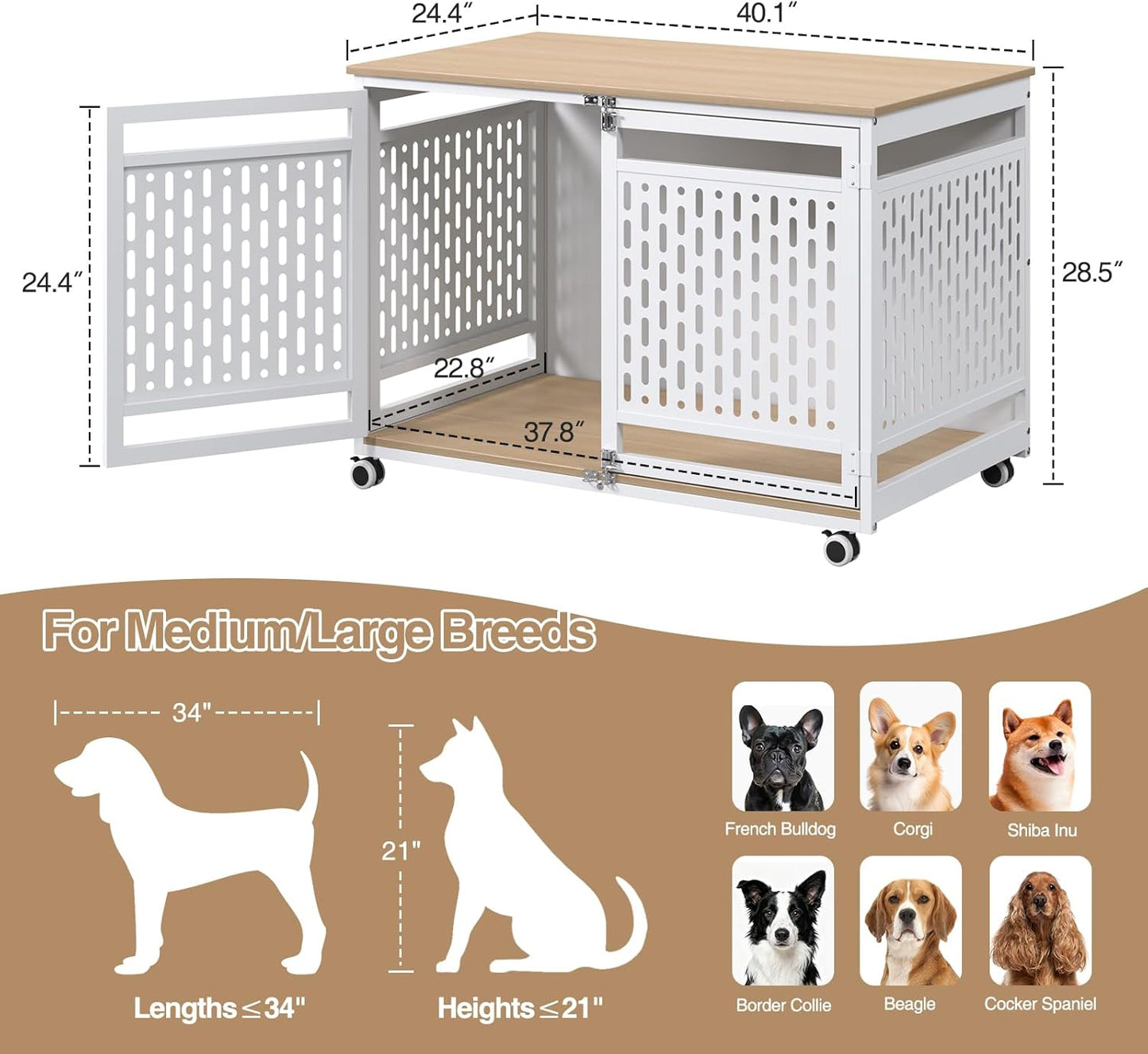 40.1" Dog Crate Furniture for Medium/Large Breed, Dog Kennel Furniture with Wheels, Heavy Duty Wooden End Side Table Pet Cage Indoor, Chew-Resistant, White