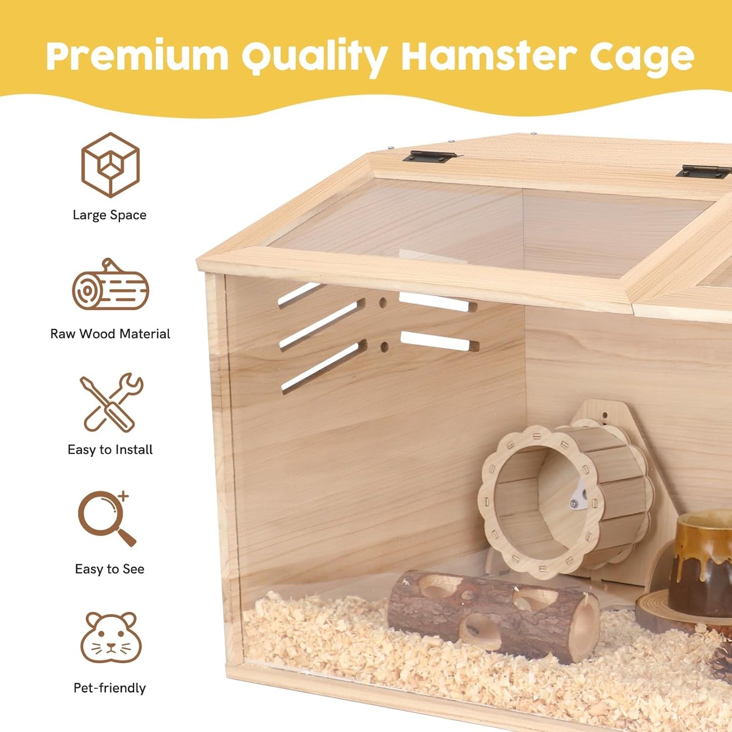 Snowtaros Wooden Hamster Cage, Large Hamster Cages and Habitats Chewproof, with 2 Openable Acrylic Top, Small Animal Cage for Mouse Gerbil Quail Dwarf Syrian Hamsters (31.5" L*15.7" W*15.7" H)