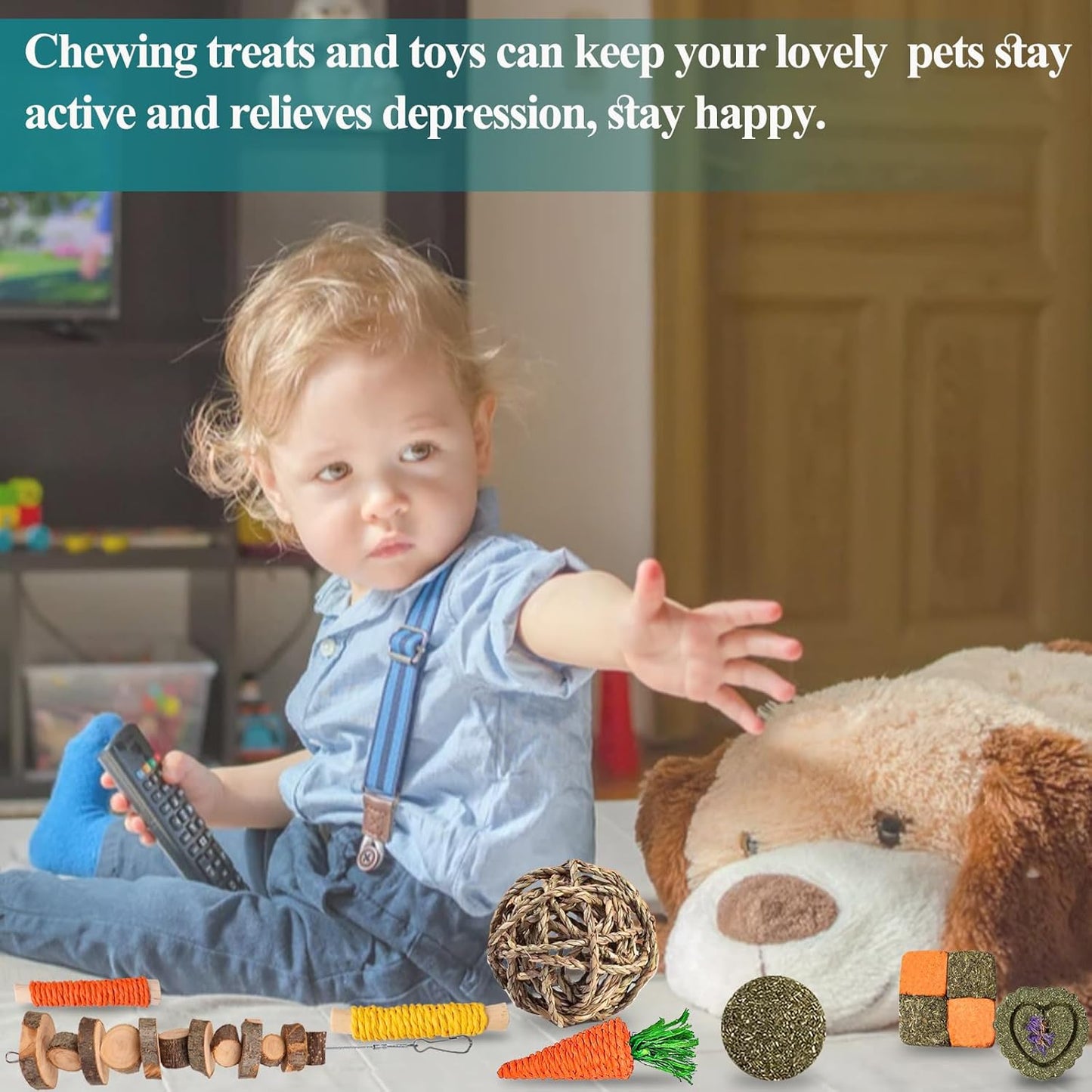 HERCOOCI 18Pcs Rabbit Chew Toys, Bunny Treats and Ball Timothy Hay Stick Toys for Rabbit Bunny Guinea Pig Chinchilla Hamster Teeth Care