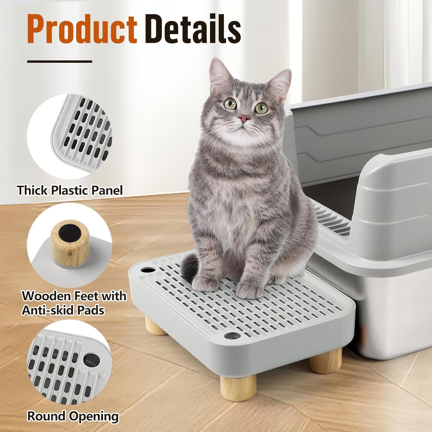 Cat Litter Box Step Ramp, Cat Litter Catcher Mat with Wooden Feet, Filter Function, Cat Pedal Stool for Self-Cleaning Cat Litter Box, Ideal for Kitten & Elderly Cats (Light Grey)
