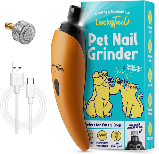 LuckyTail Pet Nail Grinder for Dogs and Cats - Super Quiet and Low Vibration Electric Dog Nail Grinder with 2 LED Lights - USB Rechargeable and Cordless - 2 Speeds - Small to Large Pets - Orange