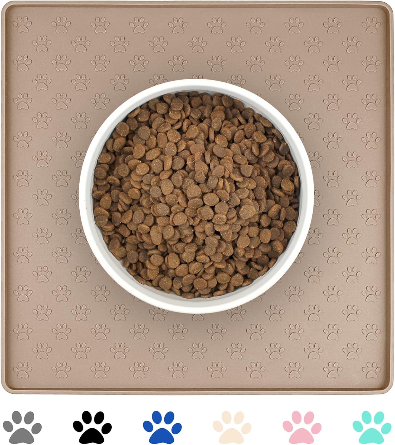Ptlom Dog Food Mat Anti-Slip Bowl Mats for Food and Water, Waterproof Silicone Pet Placemat with High Raised Edges, Non-Slip Puppy Feeding Tray for Small, Medium Large Cats Dogs, Taupe, 11.8"x11.8"