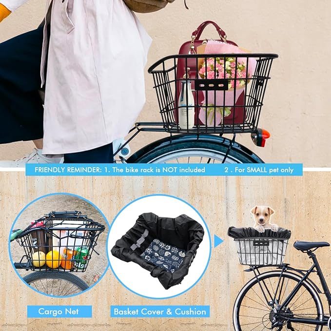Rear Bike Basket, Tool-Free Install, Dog/Pet Carrier, Ebike Electric Bicycle Back Cargo Basket, Fits Most Rear Racks, with Waterproof Cover, Cargo Net