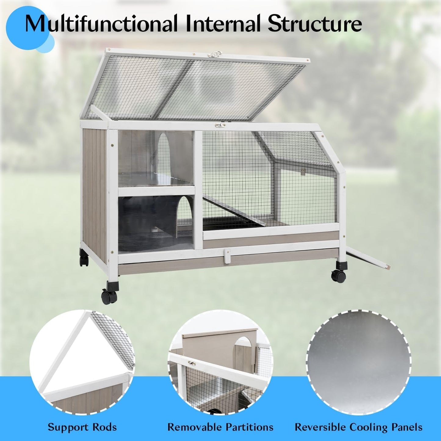 36''L Rabbit Hutch Outdoor with Casters and Run, Wooden Indoor 2 Story Guinea Pig Cage with Divider Panel, Pull Out Tray, Rabbit Duck Bunny House for Small to Medium Animals and Pet Lover, Gray