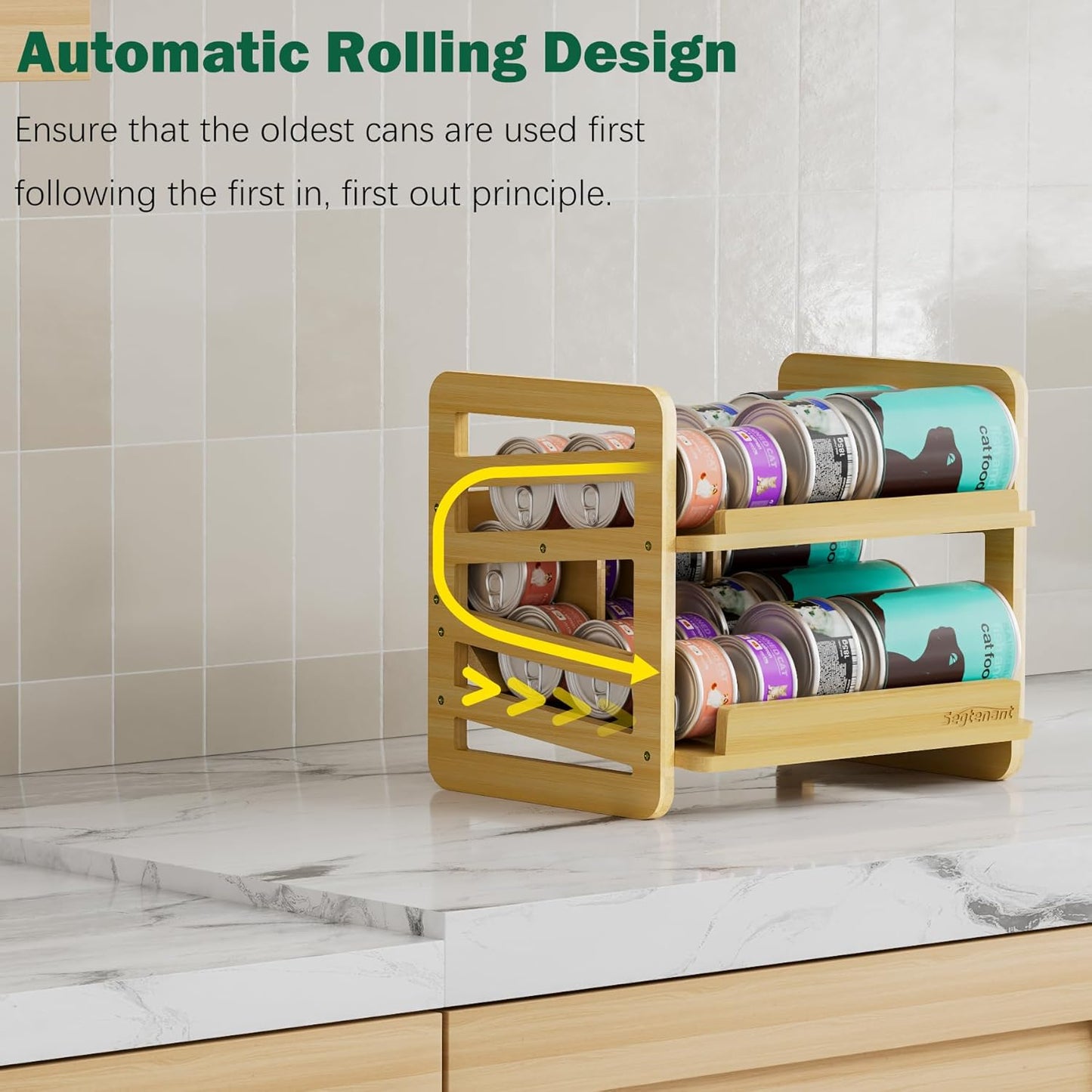 Rolling Bamboo Cat Food Can Organizer, 2-Layer Wet Cat Food Storage Container Holds 42 (3oz) Cans, Canned Cat Food Organizer and Storage for Countertop Kitchen Cabinet or Pantry Shelf