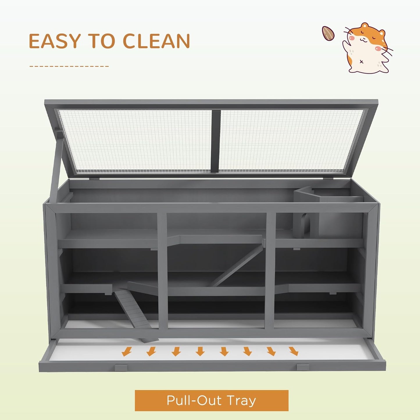 PawHut 45" Extra Large Wooden Hamster Cage, 3-Layer Chewproof Rat Cage with Opening Roof, Hut, Ramps, for Gerbil, Dwarf & Syrian Hamsters, Gray