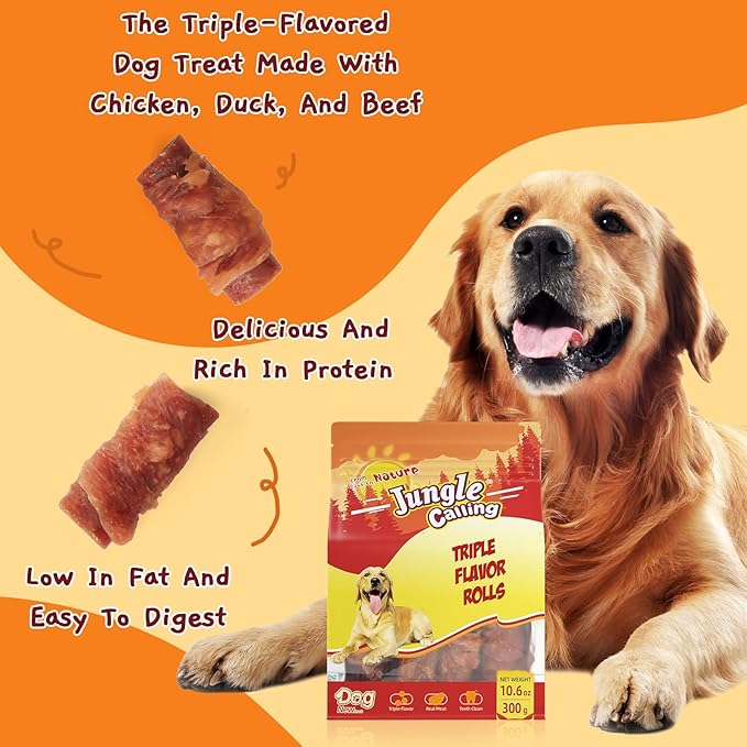 Jungle Calling Triple Flavor Rolls Dog Treats, Made with Real Chicken Duck Beef Meat, Rawhide Free Dogs Snacks,Healthy, Easily Digestible, and High Protein Treat, 10.6 oz