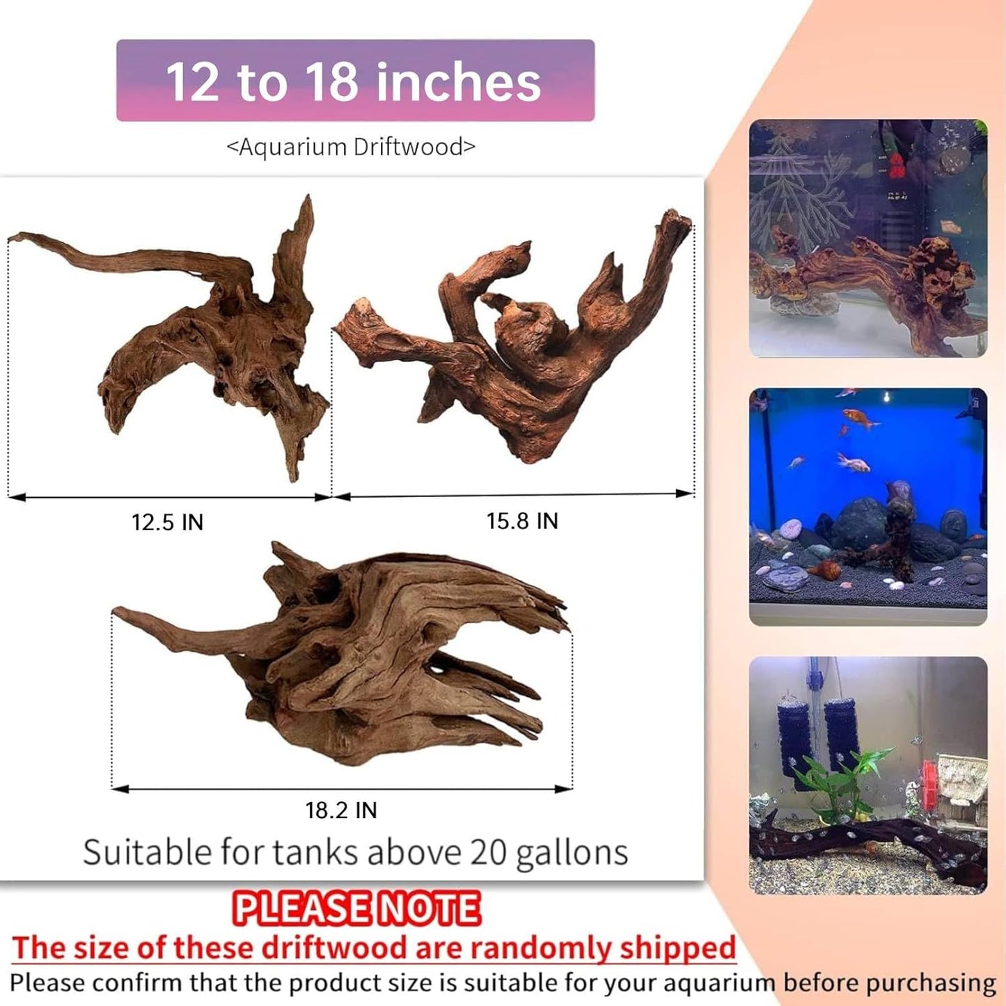 Hamiledyi Large Natural Driftwood for Aquarium 12-18 Inch Driftwood Branches Fish Tank Decoration Reptile Toy Assorted Size Reptile Habitat Decor Wood for Lizad (1 Pack)