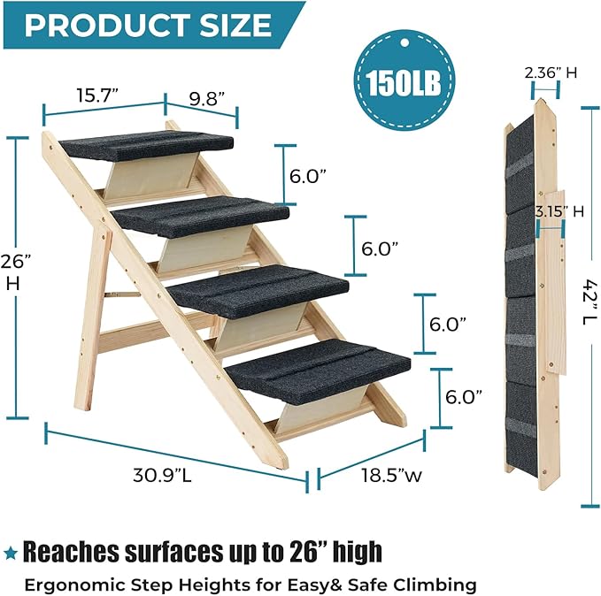 Wood Pet Stairs/Pet Steps for All Dogs and Cats - 2-in-1 Foldable Carpeted 4 Tiers Dog Stairs & Ramp Perfect for Beds and Cars - Portable Dog/Cat Ladder Up to 150 Pounds