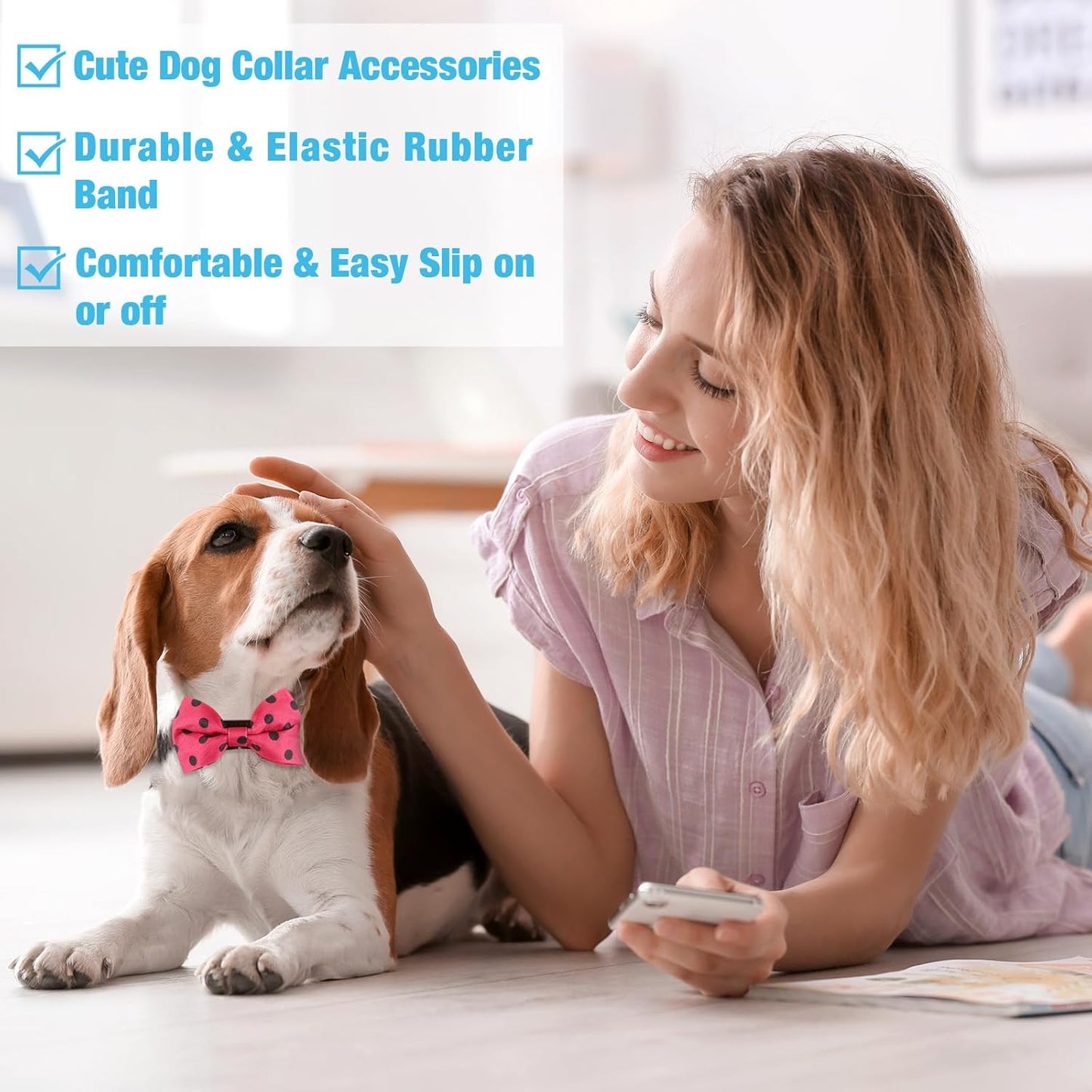 Reginary 50 Pieces Dog Bow Ties Pet Collar Bow Puppy Collar Attachment with Rubber Bands for Small Medium Cat Pet Grooming Charms Accessories Wedding Birthday Occasion (Polka Dot Style)