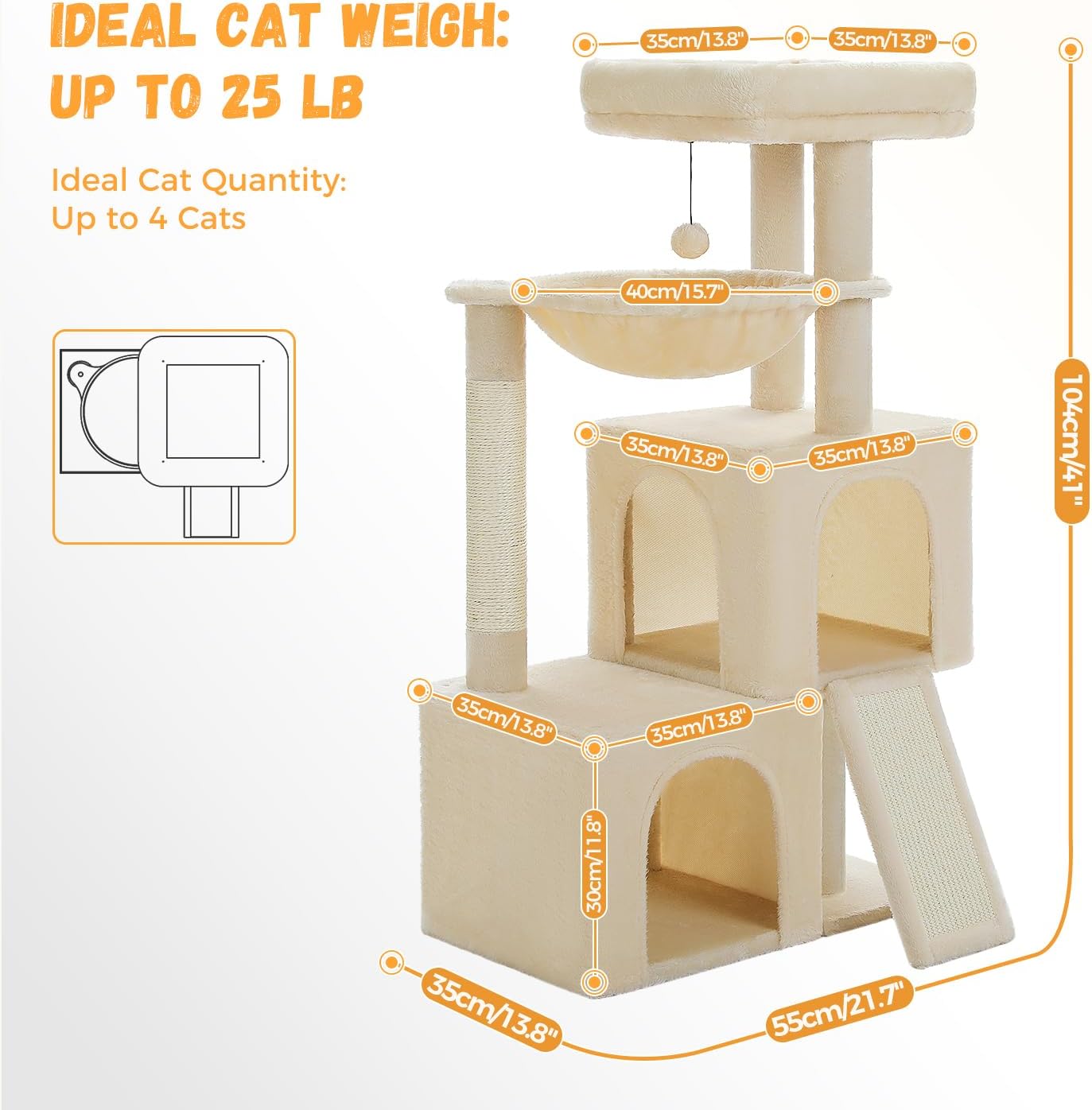PAWZ Road Large Cat Tree, 41 Inches Multi-Level Cat Tower with 2 Spacious Condos for Indoor Cats, Large Cat House with Comfy Hammock, Padded Perch, Scratching Pad and Replaceable Balls