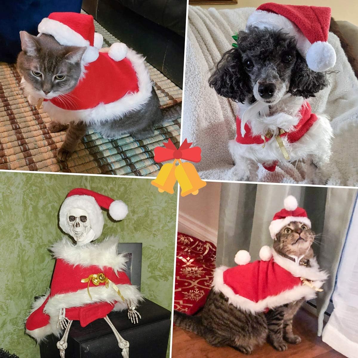 Enjoying Cat Christmas Costume, Pet Santa Claus Hat with Xmas Clothes for Cats Small Dogs, Kitten Christmas Warm Cloak Coat, New Year Puppy Red Hat Outfit