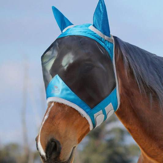 Harrison Howard CareMaster Pro Luminous Horse Fly Mask Large Eye Space Standard with Ears UV Protection for Horse Sky Blue XL Extra Full