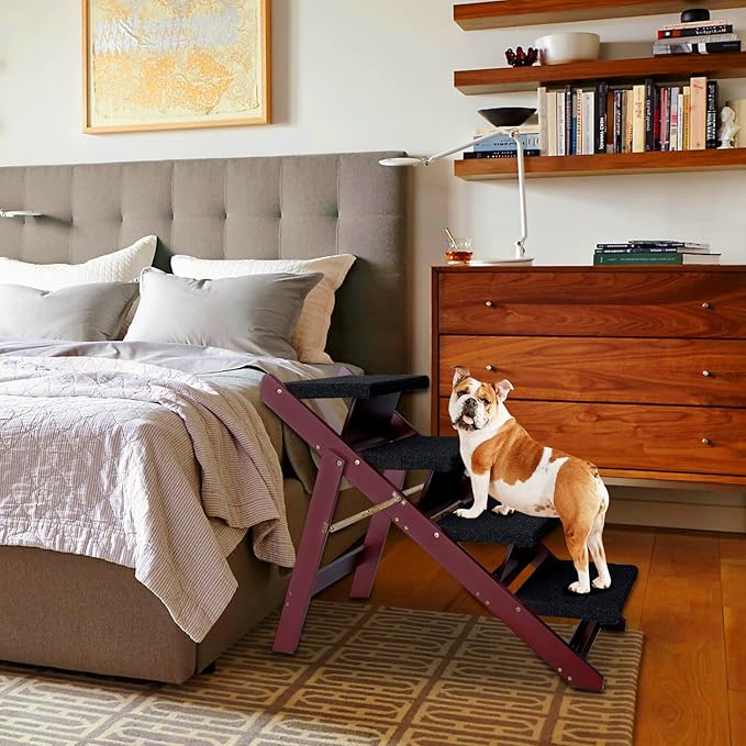 BRIKY Wooden Dog Stairs/Steps - Foldable 4 Steps Dog Steps for High Bed Couch Cars, Non-Slip Pet Stairs for Small Large Medium Dogs and Cats, No Assembly Required