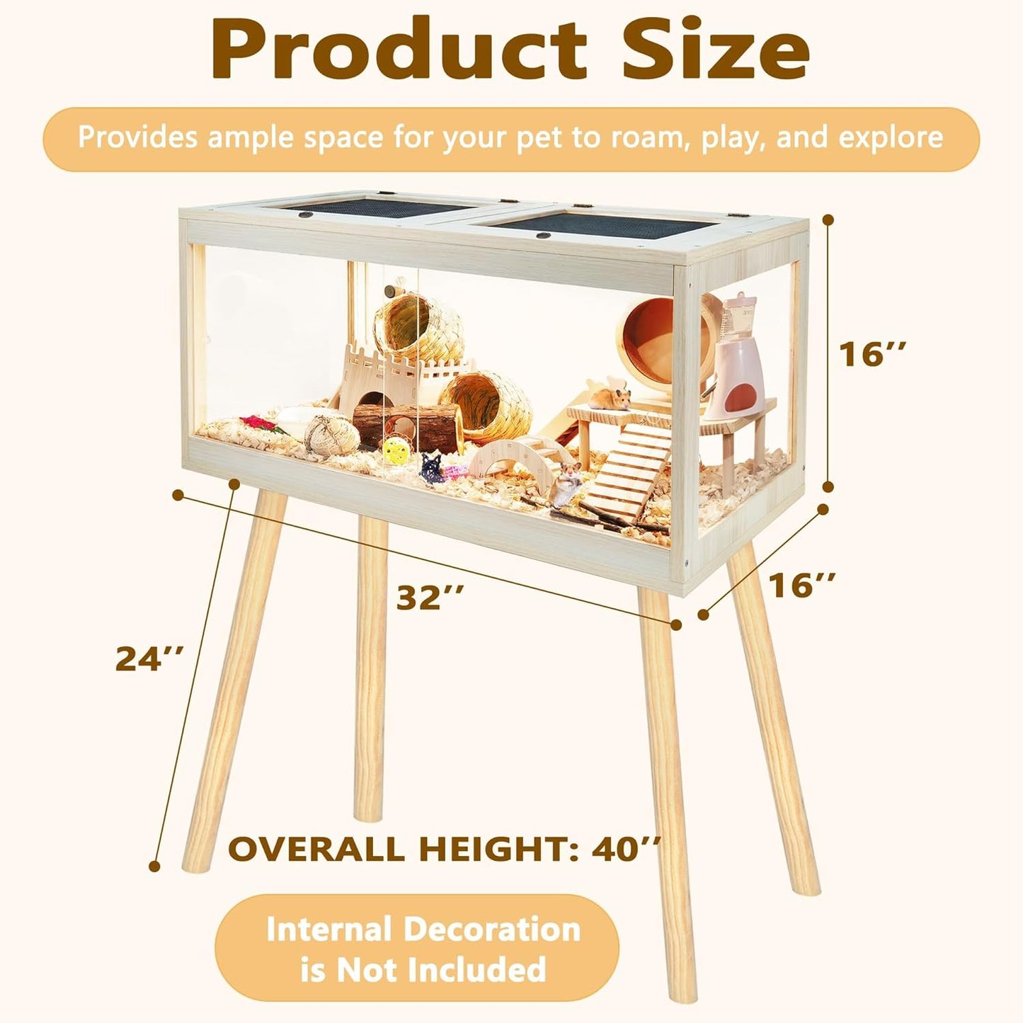 Prolee Hamster Cage Chewproof, Mice and Rat Habitat with Transparent Sides, Hamster Cage with Openable Mesh Top, Solid Built with Lock Design and Leg Stand, 32" Wide