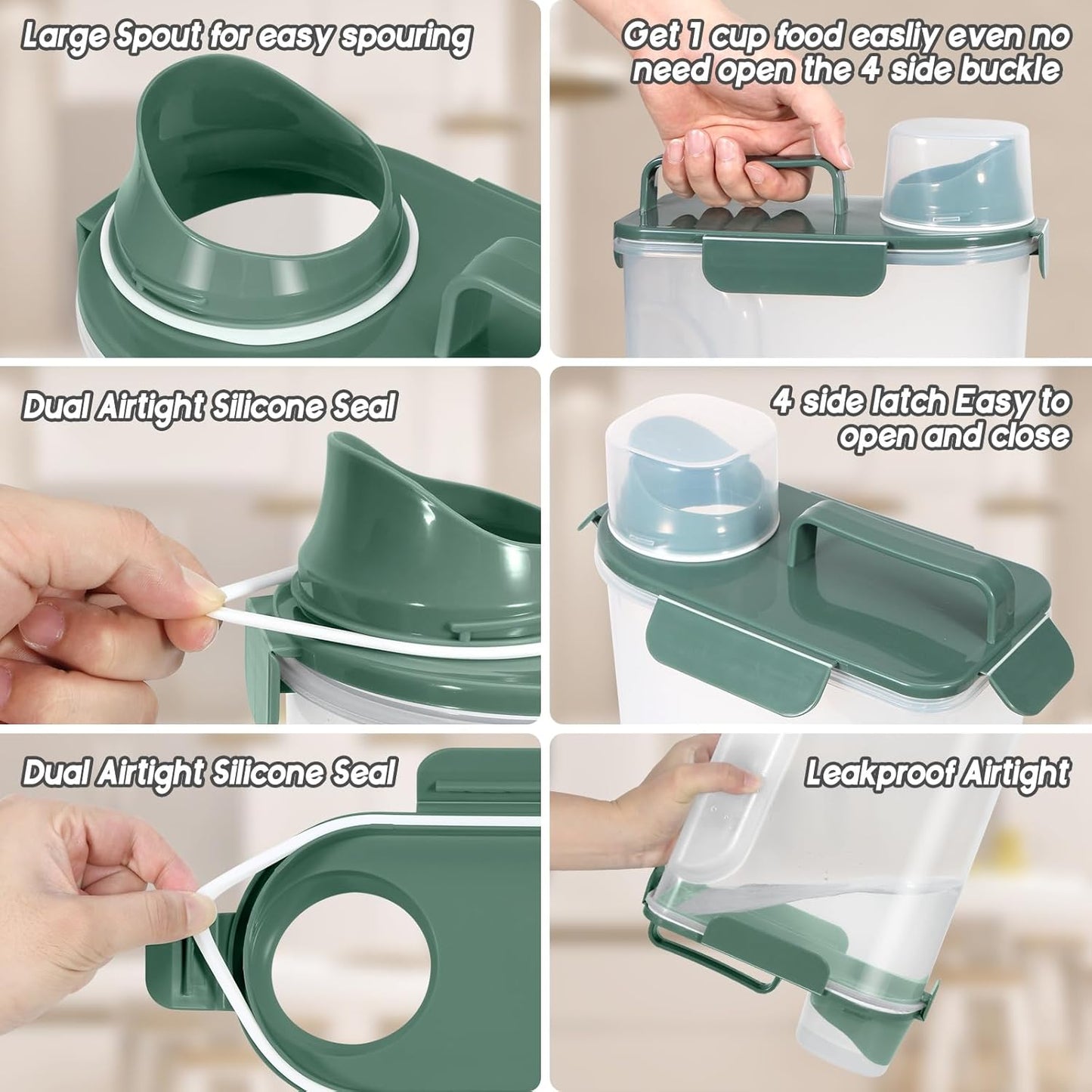 Dog Food Storage Container, Upgraded Large Nozzle BPA-free, 8-12 LBS Plastic Pet Food Storage Containers, With 4 Sealed Clasps, 1 Measuring Cup and Handle (2, Green+Dark Green, 5L)