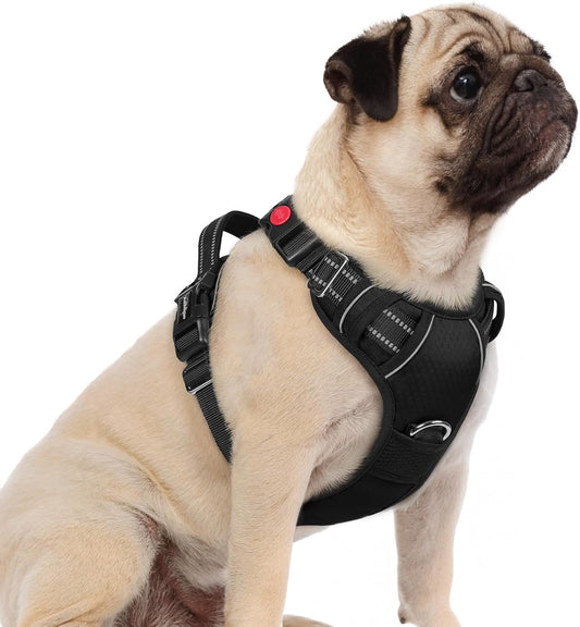 rabbitgoo Dog Harness Small Sized, No Pull Dog Vest with 3 Buckles, Adjustable Soft Padded Pet Harness with Easy Control Handle and Reflective Strips, Black, S