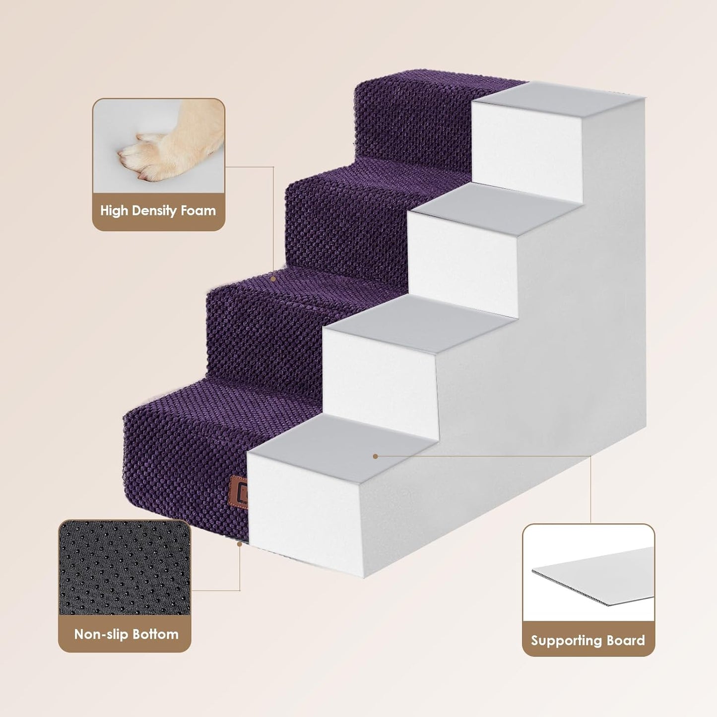 EHEYCIGA Dog Stairs for Bed 18" H, 4-Step Dog Steps for High Bed, Pet Steps for Small Dogs and Cats, Non-Slip Balanced Pet Ramp Indoor, Purple