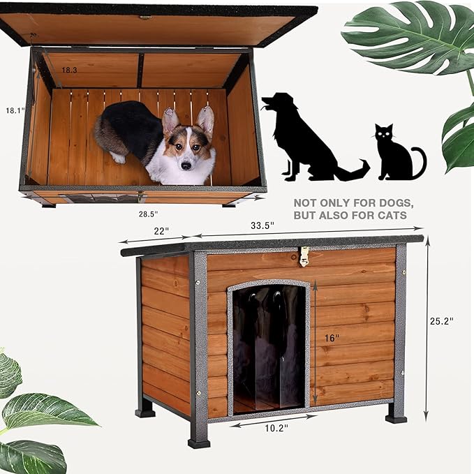Wooden Dog House Outdoor with Iron Frame, Weatherproof Dog Kennel with Removable Floor, Anti Bite Puppy Shelter with Openable Roof (Brown, 33.5'' x 25.2'' x 22'')
