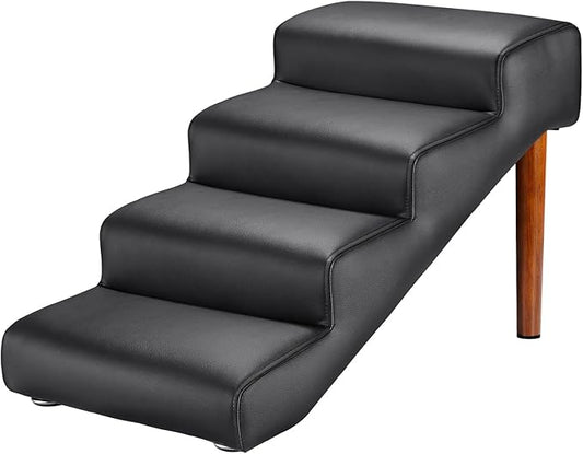 Senneny Black Faux Leather Dog Stairs, for Pets up to 150 lbs, Waterproof, Scratch Resistant Pet Steps/Stairs with High Density Foam and Detachable Wooden Legs, Black, 4 Step