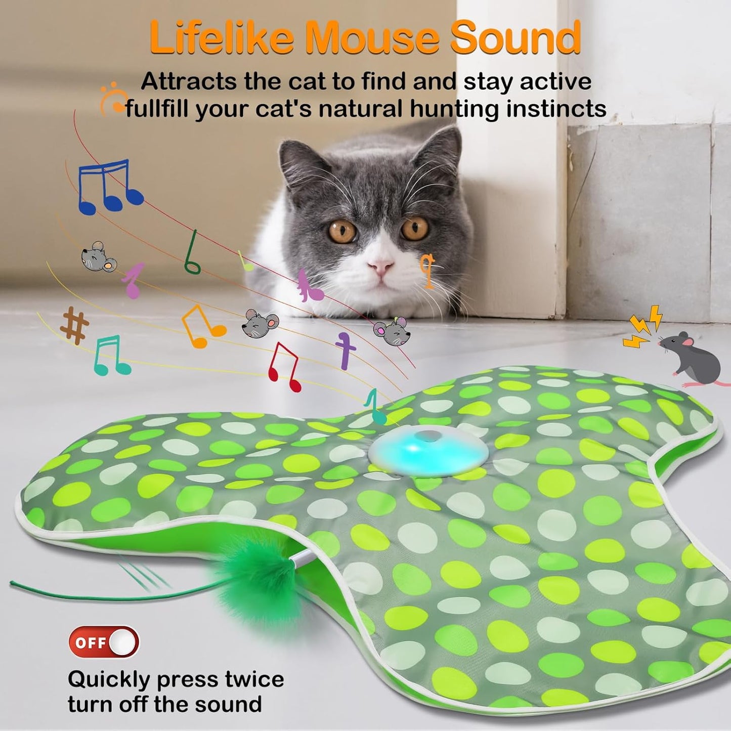 Interactive Cat Toys Rechargeable,Moving Concealed Feathers,Real Mouse Squeaky,Touch Activated Cat Kitten Toy Exercise Toys for Indoor Bored Adult Cats