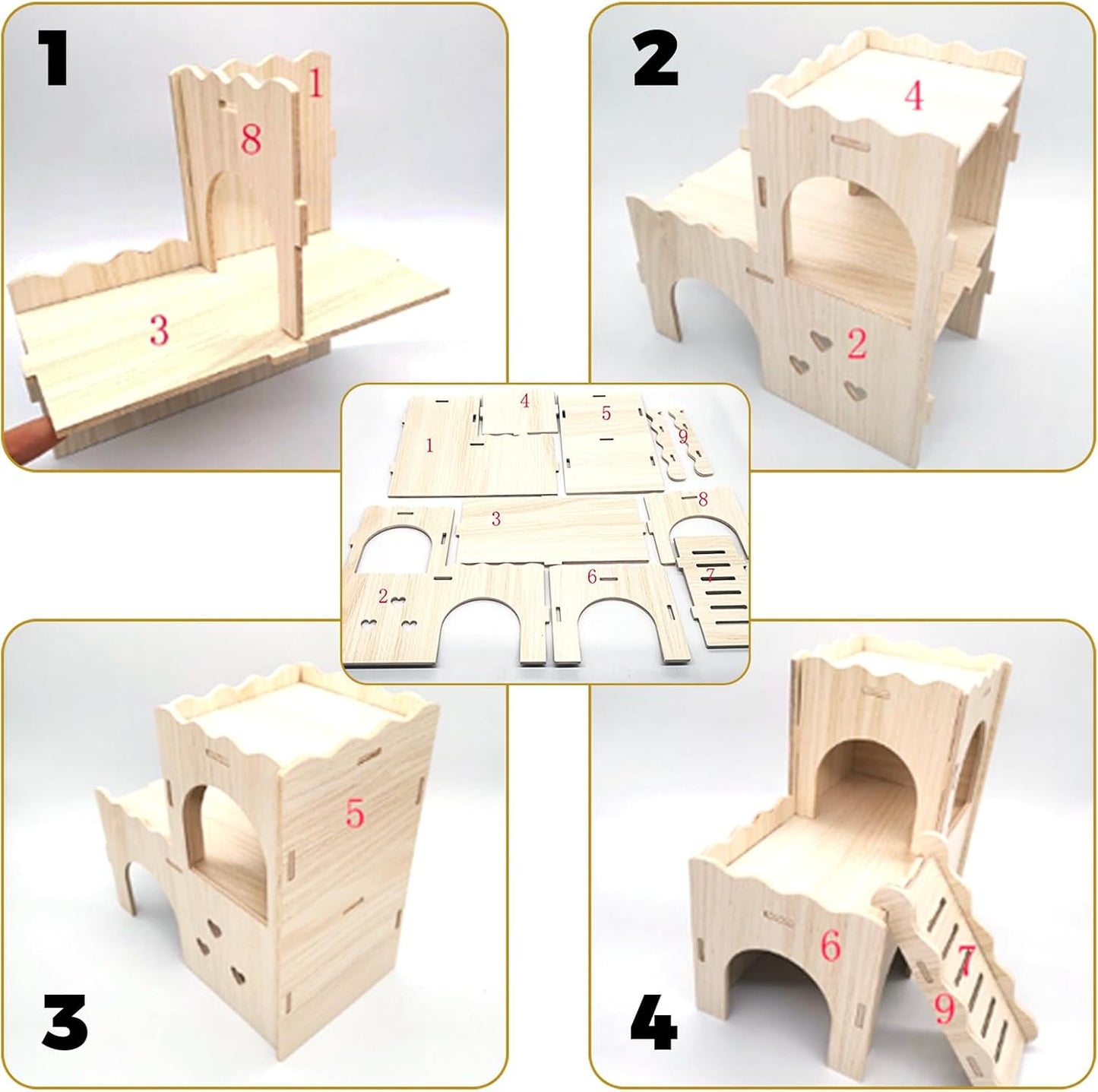 Large Wooden Hamster House Castle with Double Decker,Large Hamster, Wooden Hamster Houses,Dwarf Hamster Habitat Hideout with Climbing Ladder,Large Guinea Pig Castle Detachable Hideouts(D)