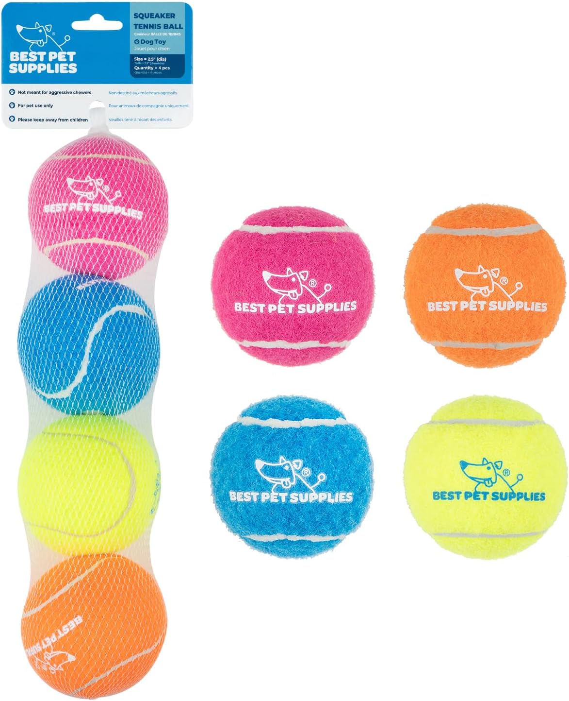Best Pet Supplies Interactive Squeaky Dog Chew Toy, Ideal Dog Toys for Chewers, Small, Medium & Large Dogs, and Fetch Lovers - Tennis (Assorted Color), Medium (Pack of 4)