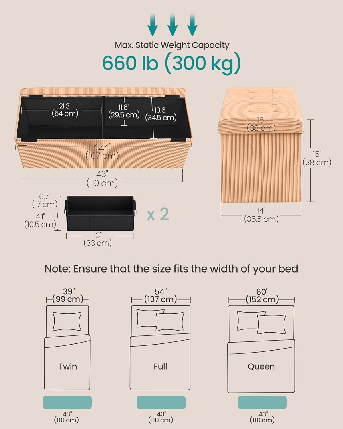 SONGMICS MAZIE Collection - Storage Ottoman Bench, Foldable Foot Rest, 15 x 43 x 15 Inches, End of Bed Bench, Storage Chest, Load 660 lb, Living Room, Bedroom, Entryway, Apricot ULSF604O01