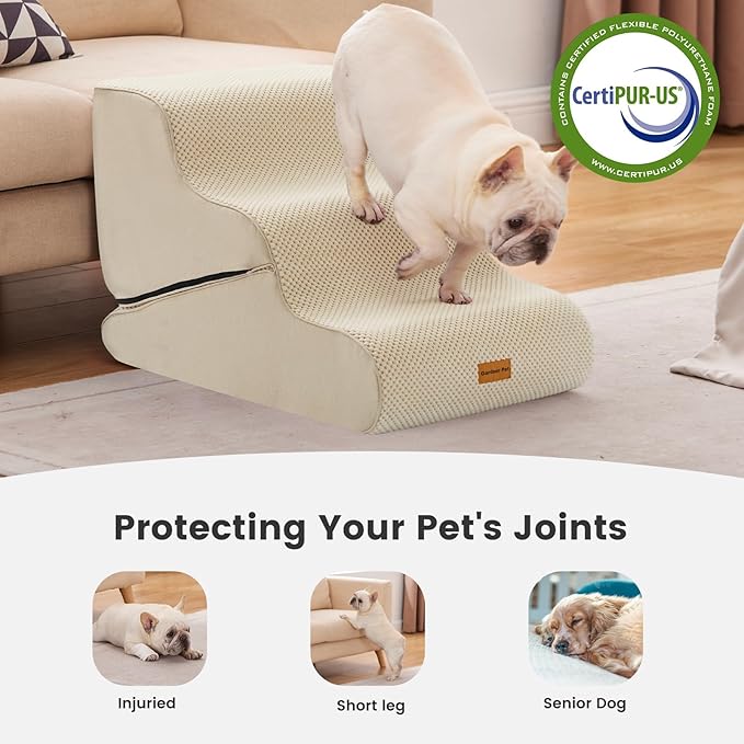 Gardner Pet Dog Stairs for Small Dogs 16.5" H, 2 in 1 Transformable 3-Step Pet Stairs and Dog Ramp for Couch (13-20 in), Beige Adjustable Pet Steps with Non-Slip Waterproof Cover and CertiPUR-US Foam
