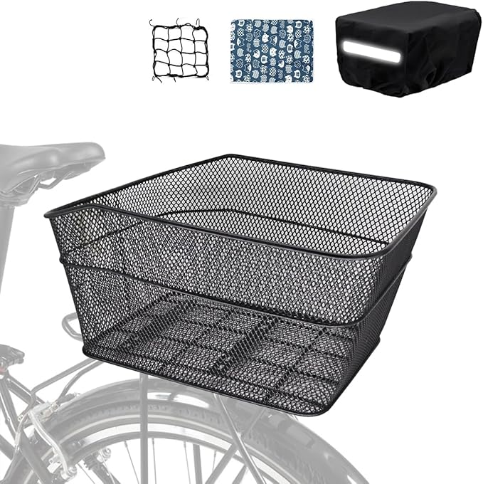 Rear Bike Basket, Tool-Free Install, Dog/Pet Carrier, Ebike Electric Bicycle Back Cargo Basket, Fits Most Rear Racks, with Waterproof Cover, Cargo Net