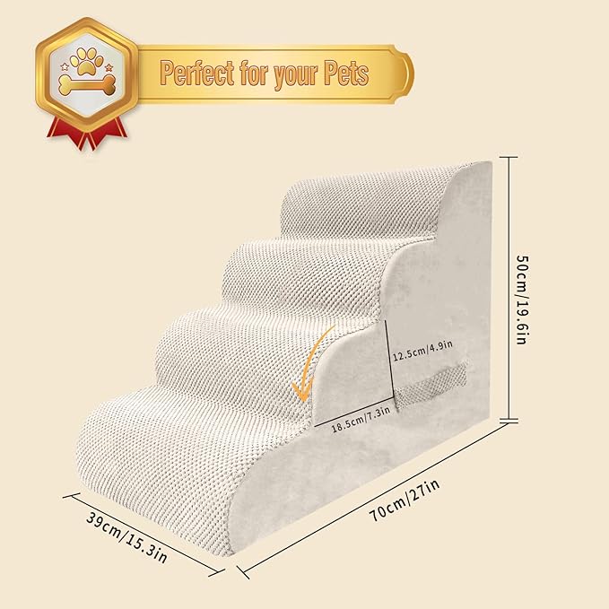 PAWSCART Dog Stairs for Small Dogs and Cats, 4-Step Dog Steps for Bed, 19.6" H Pet Stairs for High Bed, Pet Ramp for Couch, Sofa, Non-Slip Surface Removable Washable Cover, Beige
