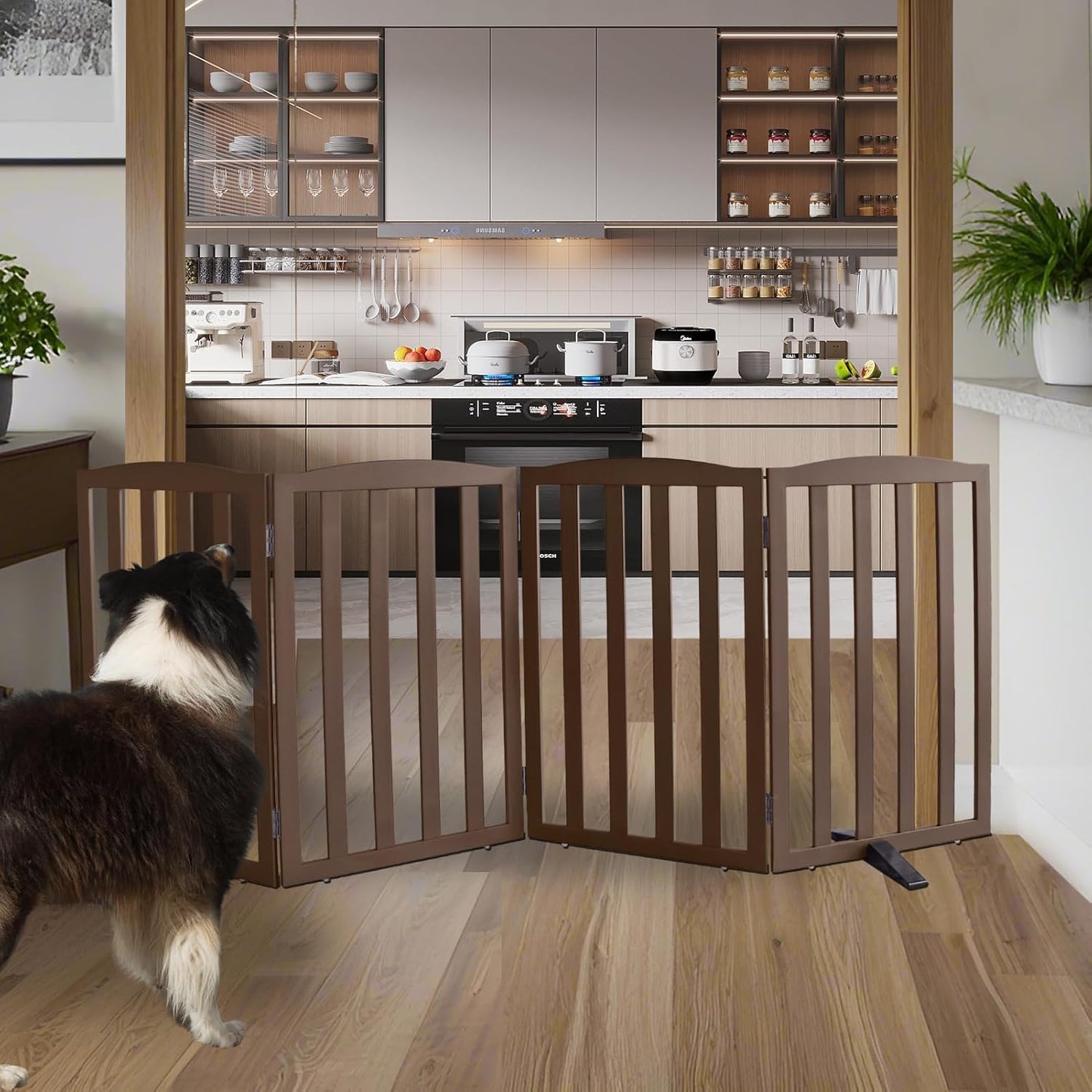 ZJSF Foldable Freestanding Indoor Dog Gate for House Wood Long Pet Gates Dog Fence for Stairs Puppy Gates for Hallways, Puppy Gate,Support Feet Included, Brown, 32 "Height-4 Panels