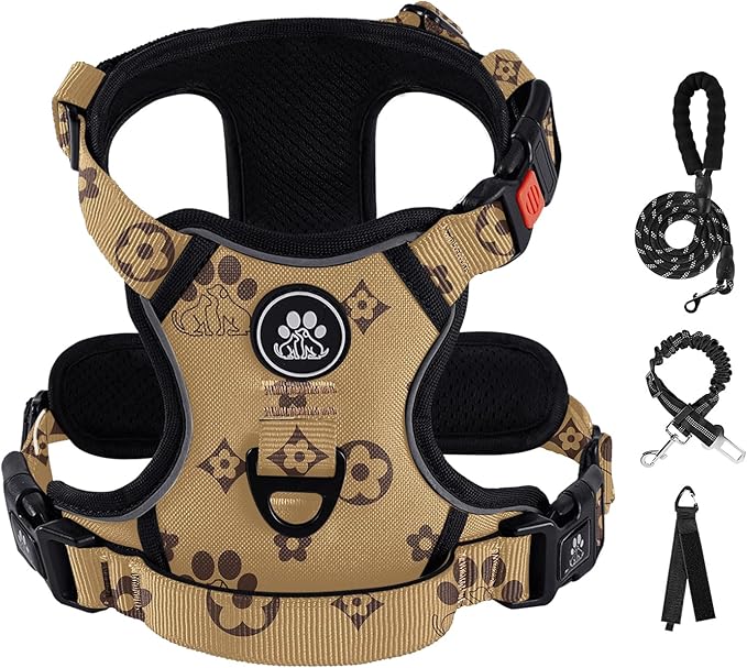 IVY&LANE No Pull Dog Harness with Leash Set, Reflective No Choke Pet Vest,Adjustable Oxford Dog Vest Harness with Easy Control Handle for Medium Dogs (Light Brown,M)