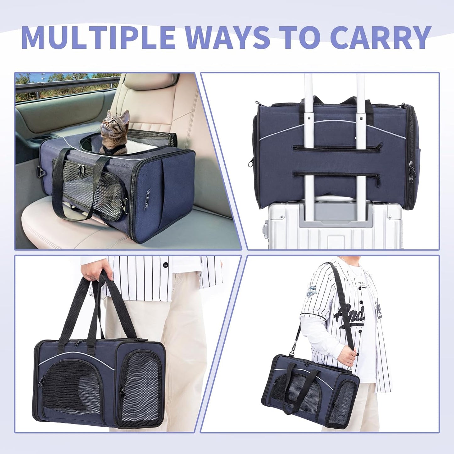 ‌Petsfit Airline Approved Pet Carrier for Small Cats, 16.5x8.6x11 TSA Approved Carrier, with Removable Dual-Sided Padding (2-Way Placement) - Fits Under Most Airplane Seats, Escape Proof (Navy)