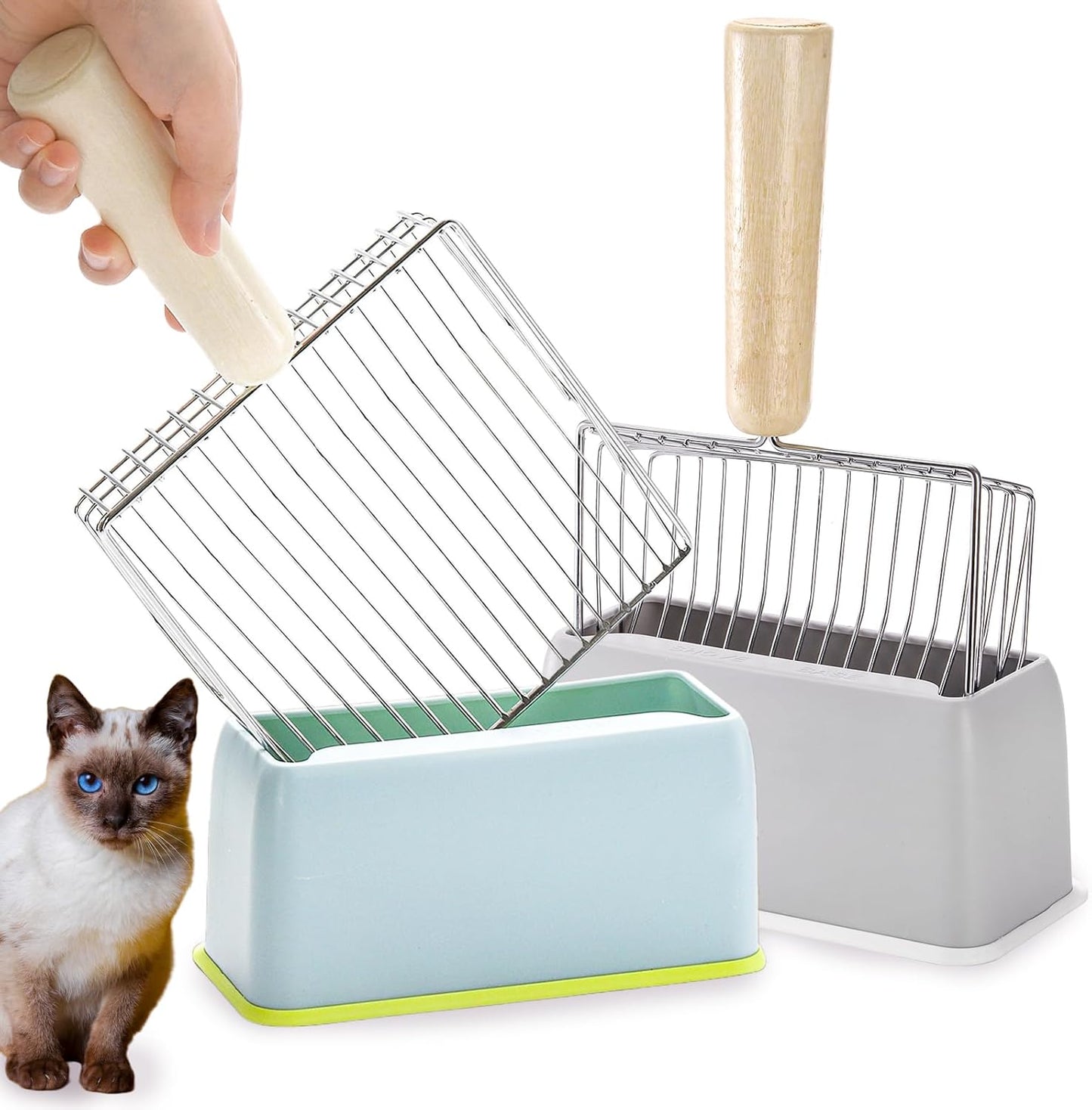 Hiceeden Set of 2 Cat Litter Scoop with Holder, Metal Kitty Litter Scoop Holder with Wooden Handle, Cat Poop Scooper for Kitten Litter Box, Fast Sifting, Gray and Blue