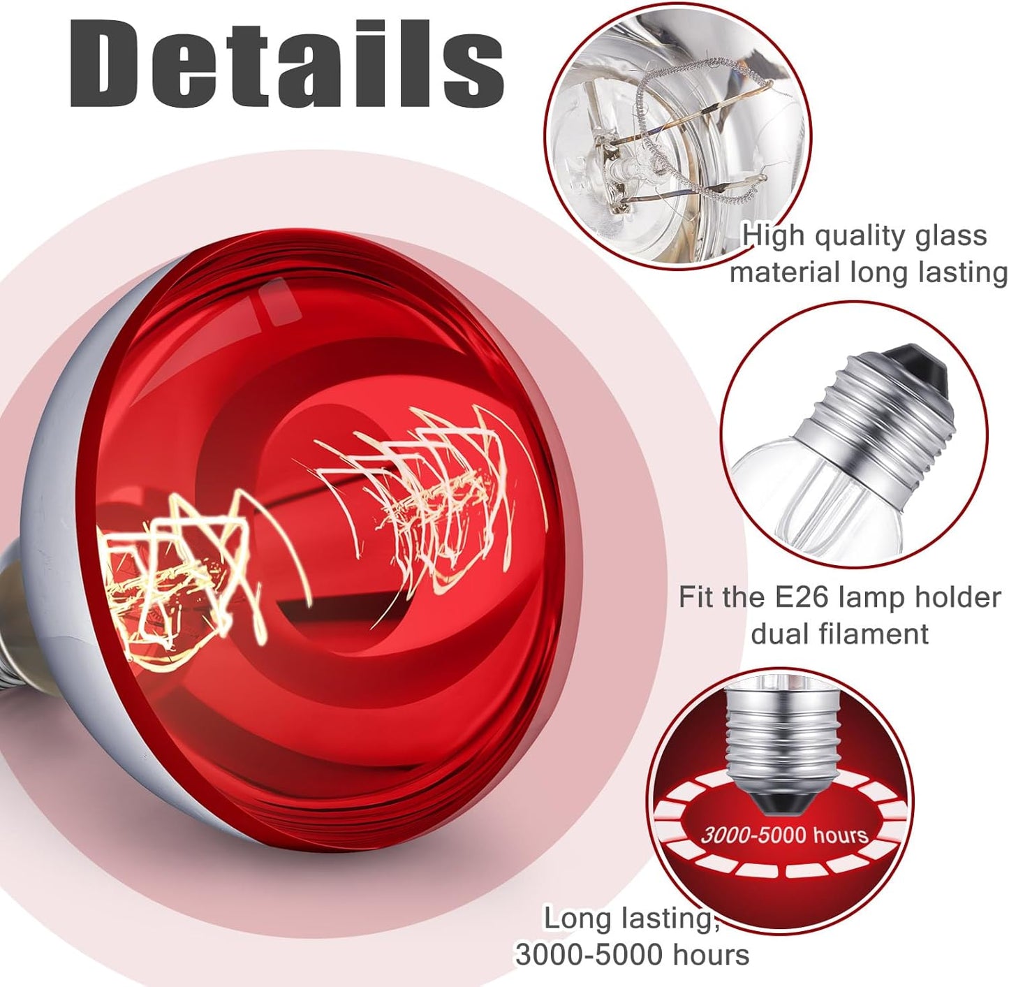 VIHOSE 3 Pack 250 Watt Heat Lamp 120v R40 Heat Lamp Bulbs Glass Incandescent Light Bulbs Incandescent Heating Lightbulbs for Reptiles Chicks Food Puppies Bathroom, Use E26 Base (Red)