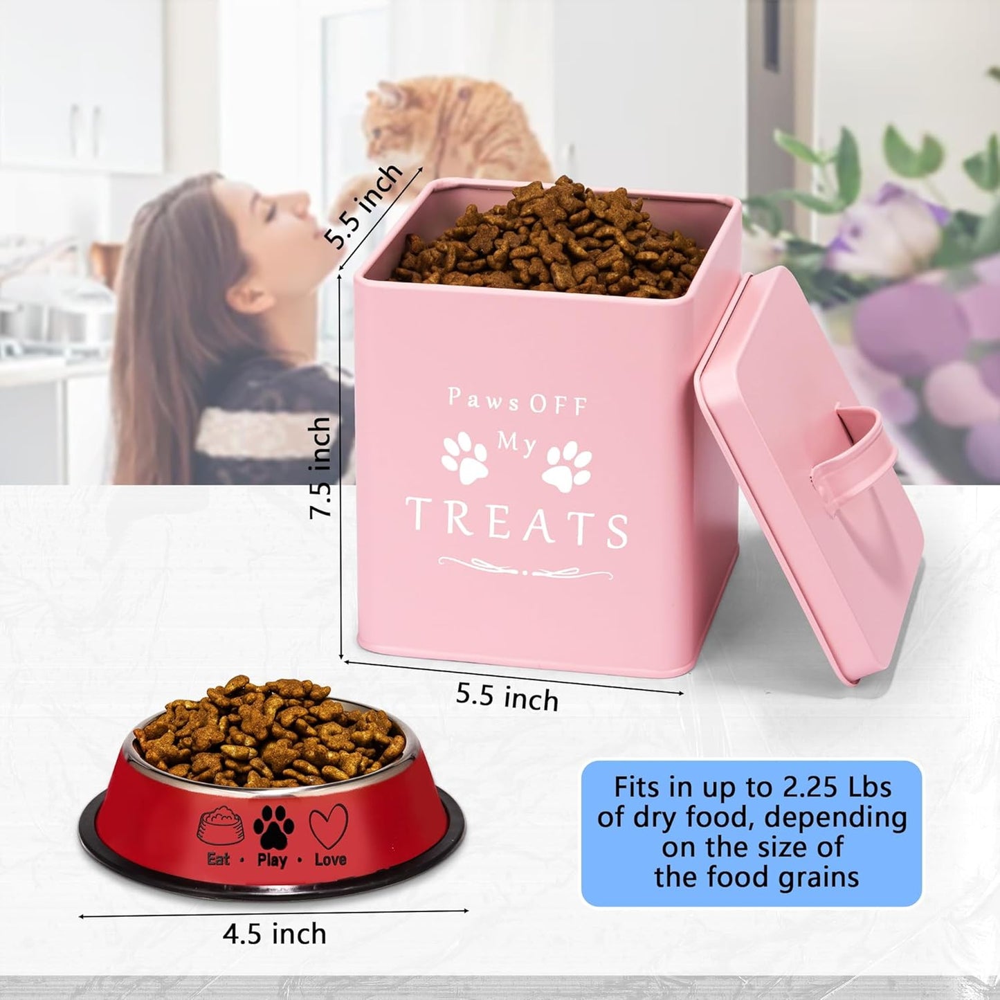Meraki Home Cat Food Container and Treat Container - Tight Lids - Feed Scoop and Pet Food Bowl - Farmhouse Metal Storage Bin - Great Gift for Small Pets - Matte Pink