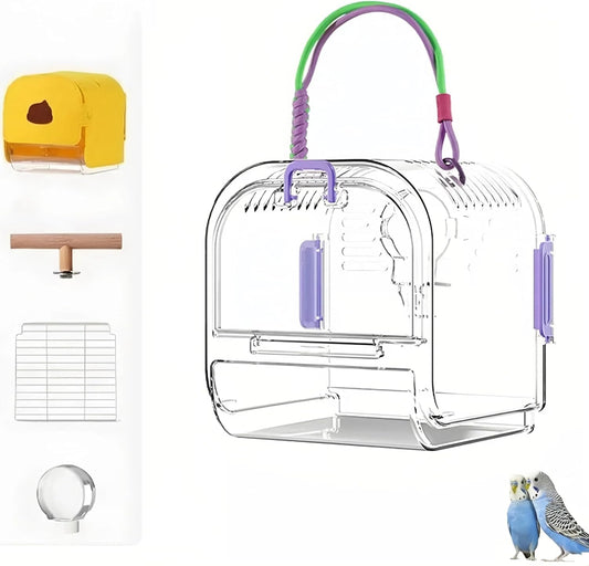 Small Bird Travel Cage Carrier,Portable Plastic Bird Cages,Portable Bird Carrier with Clear Acrylic Design, Travel Cage with Cover, Indoor Outdoor Use (Purple)
